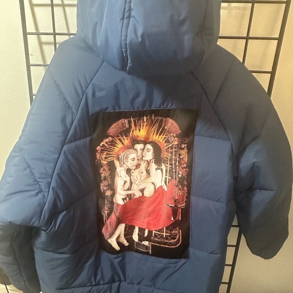 Supreme Navy Puffer Jacket with Vibrant Back Art